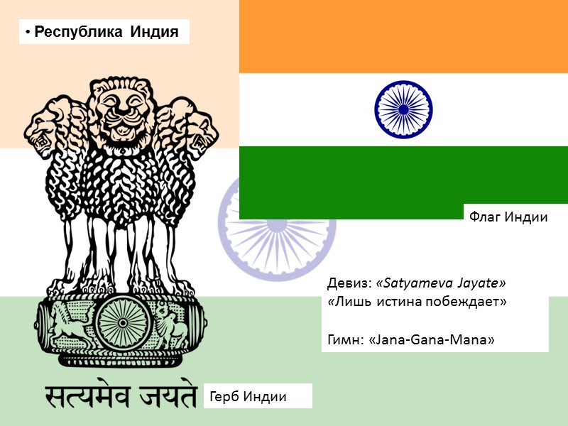 Республика Индия Герб Индии Девиз: «Satyameva Jayate» «Лишь истина побеждает»  Гимн: «Jana-Gana-Mana» Флаг